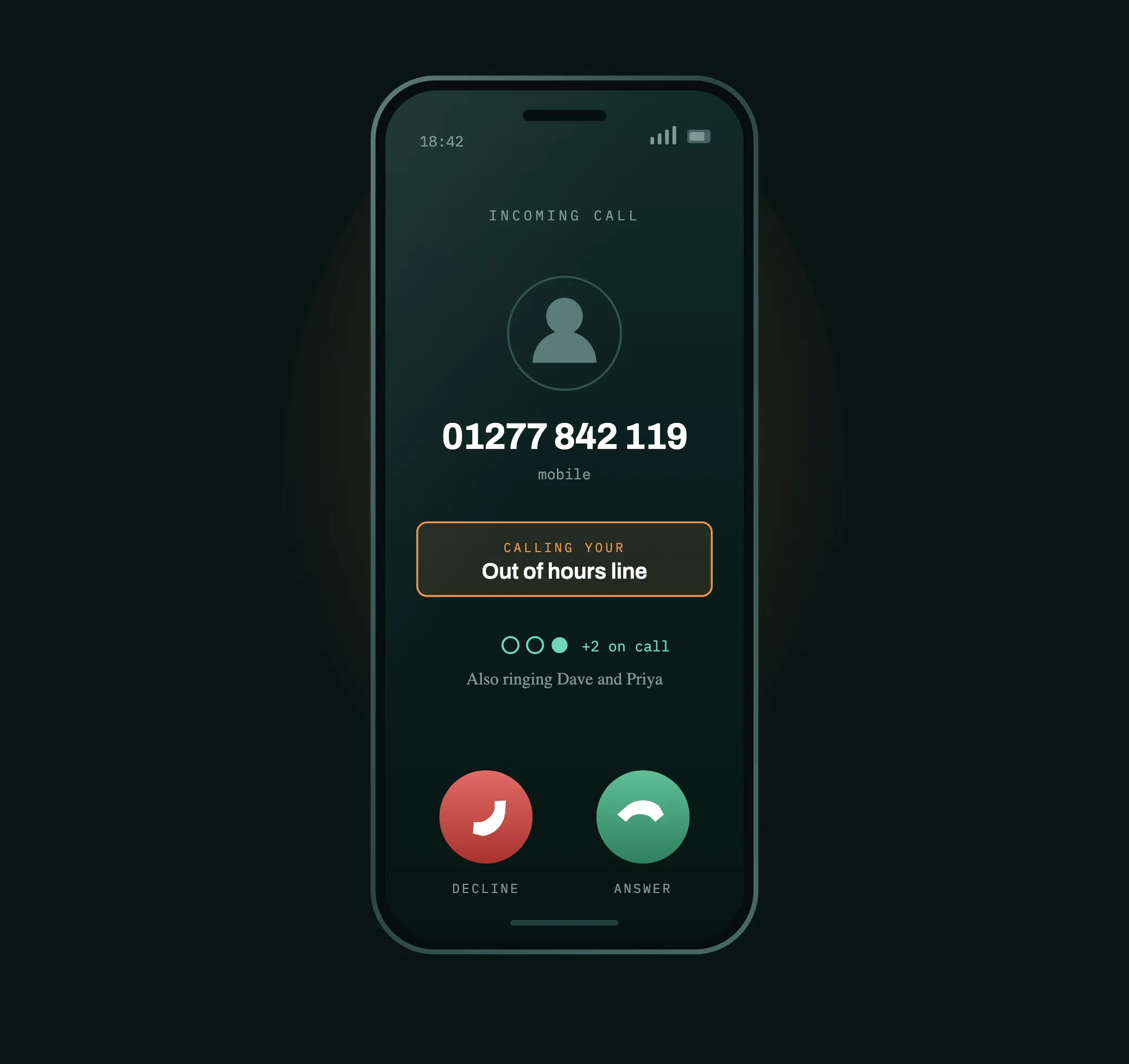 A mobile ringing with a call to the out of hours line, also ringing two colleagues